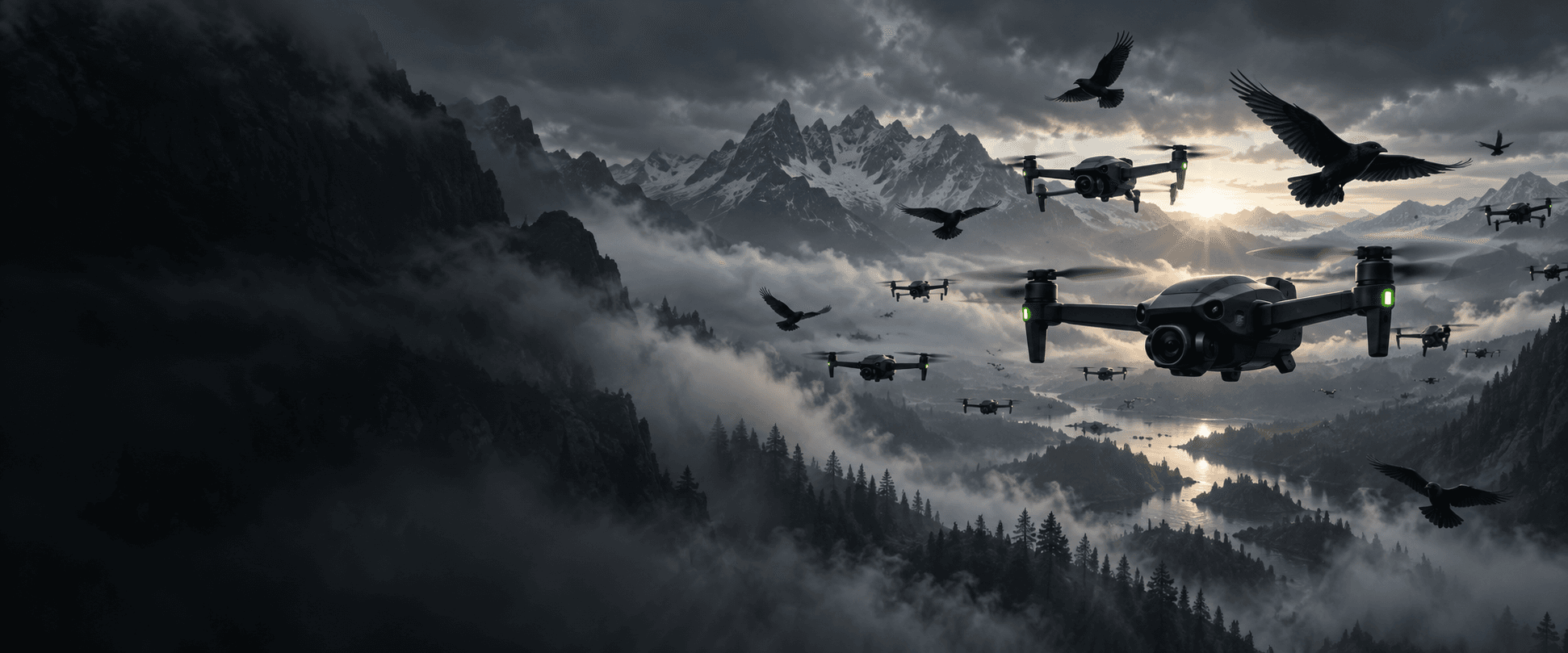 A coordinated swarm of autonomous drones flying with crows through a misty mountain valley